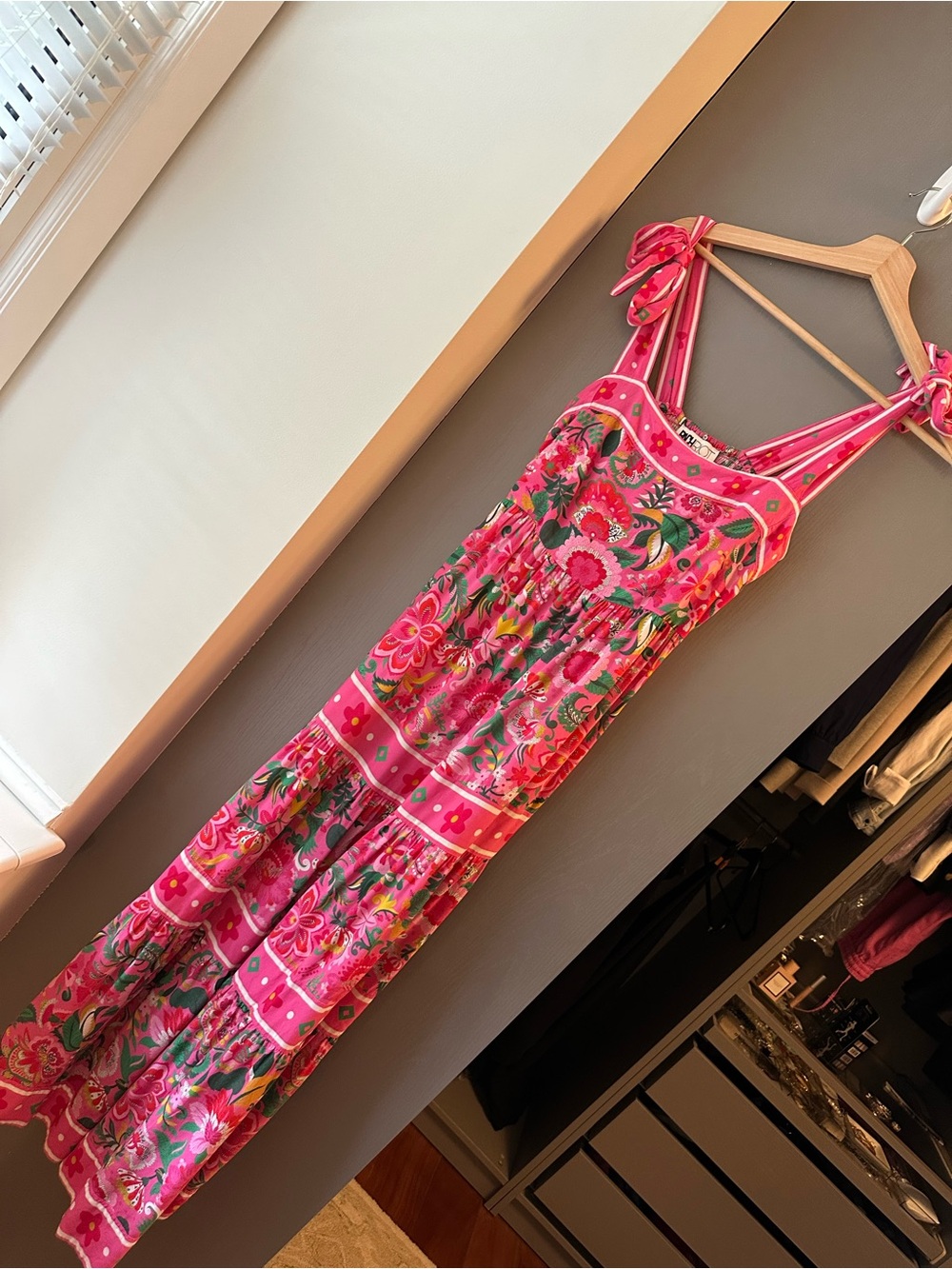 S Beachriot Bright Pink Floral Maxi Dress with Tie Straps